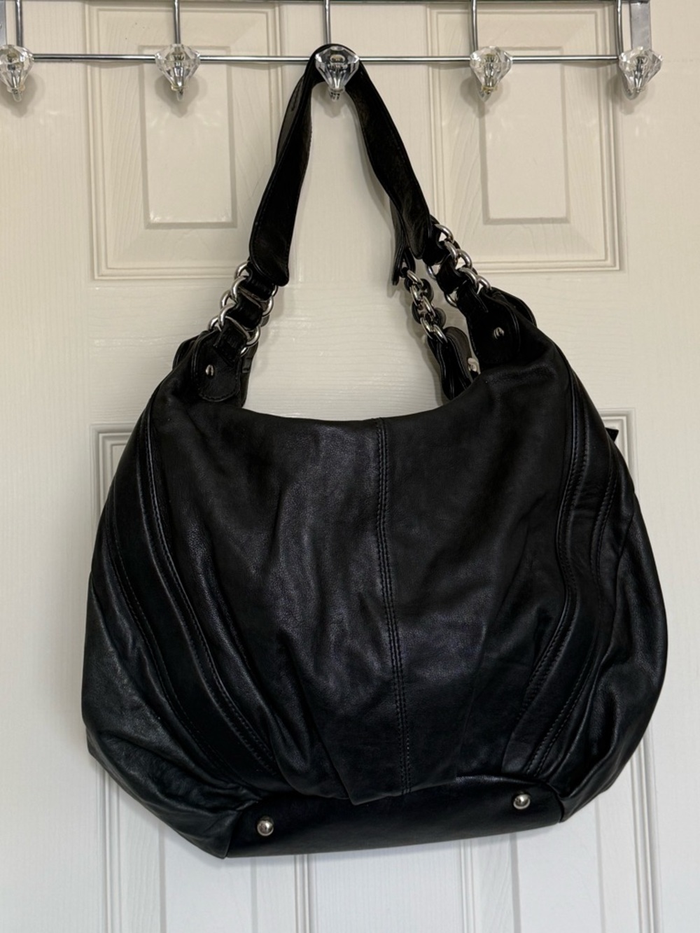 Sondra Roberts Black & Silver Soft Leather Shoulder Hobo Bag Purse